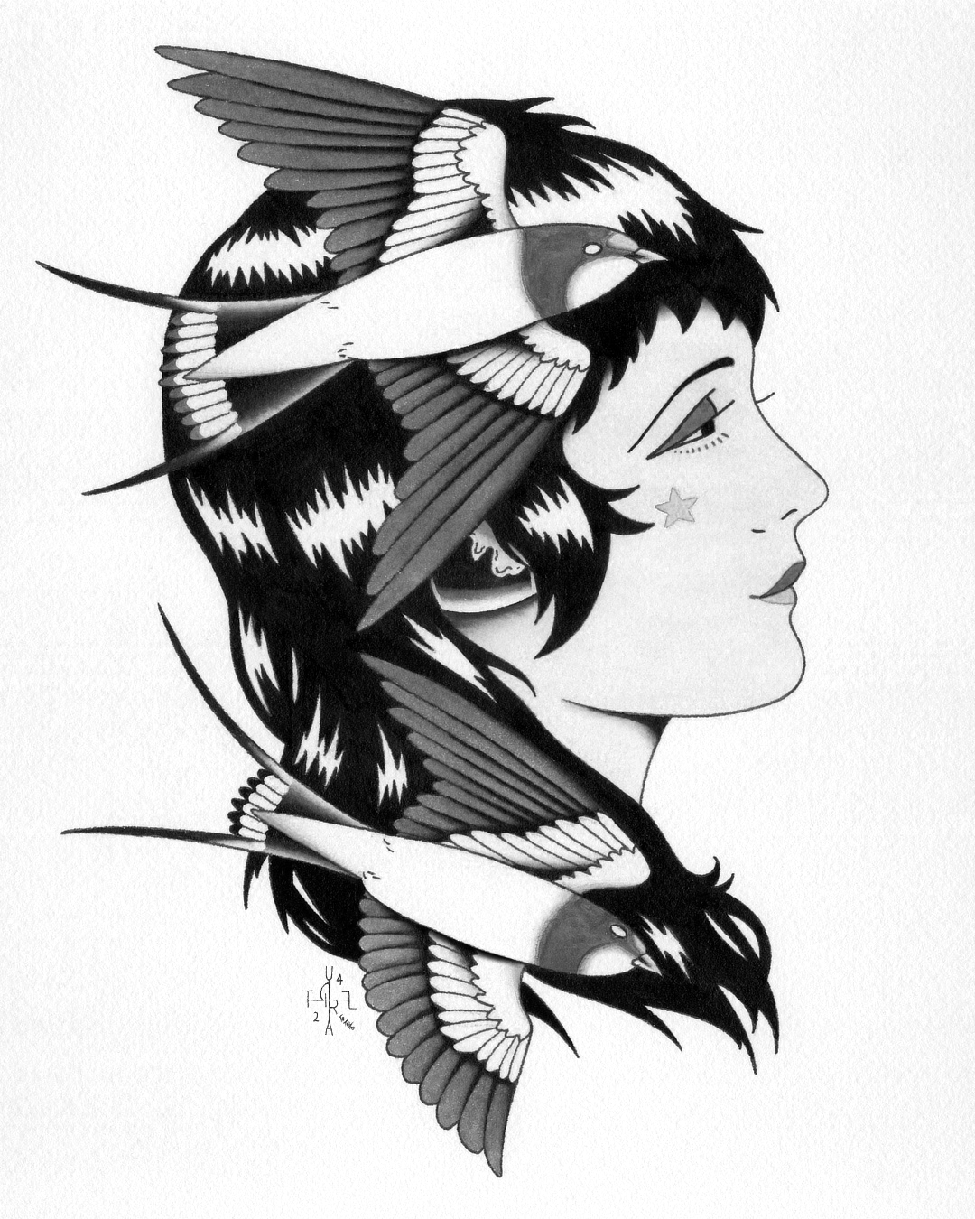 nico-tatuto-tatoueur-bordeaux-talence-tattoo-flash-lady-swallow-hirondelle-oiseau-bird-fineline-tatouage-painting-2024-noir-et-gris